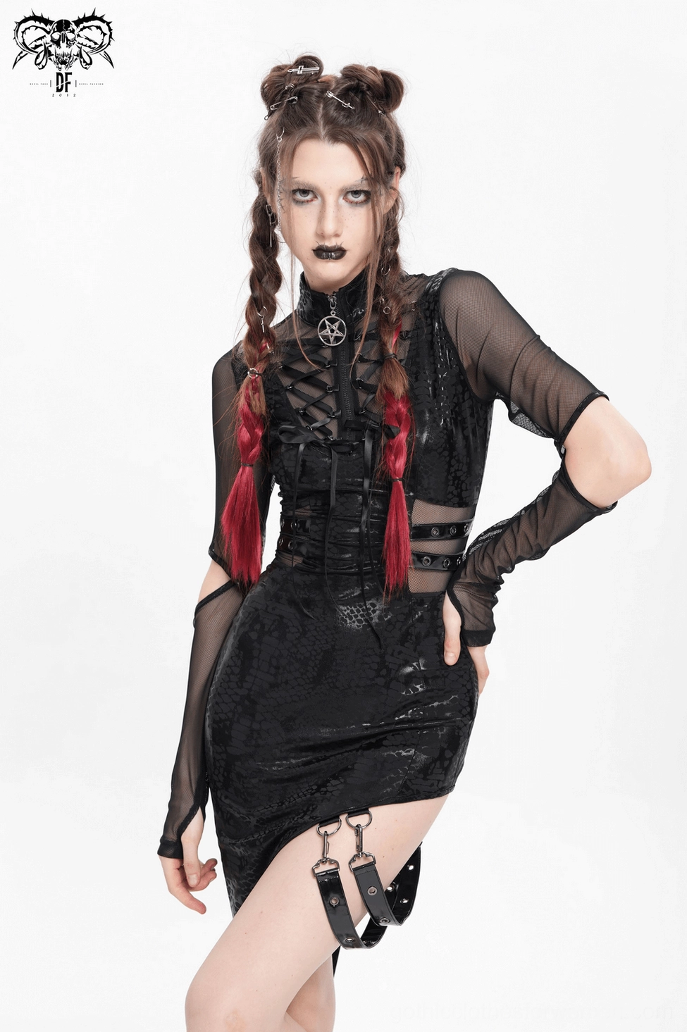 Black asymmetrical gothic dress collar area with pentagram symbol detail on mannequin