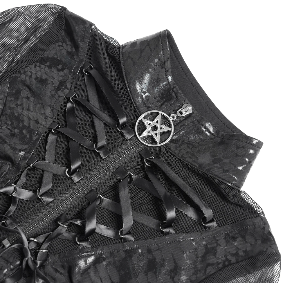 Close-up detail of pentagram zipper pull, lace-up front, and snake mesh texture on black gothic dress