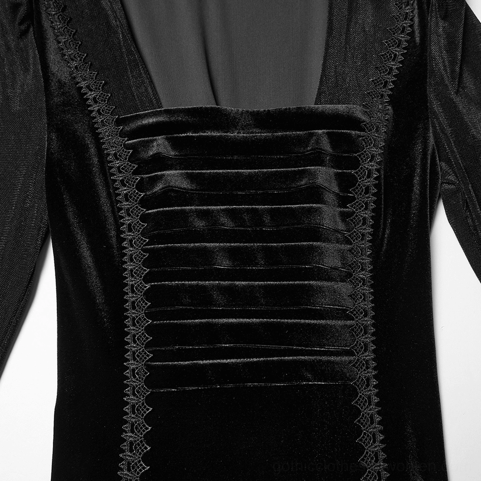 Front bodice close-up of black gothic hooded dress showing pleated velvet construction, lace neck trim, and square neckline