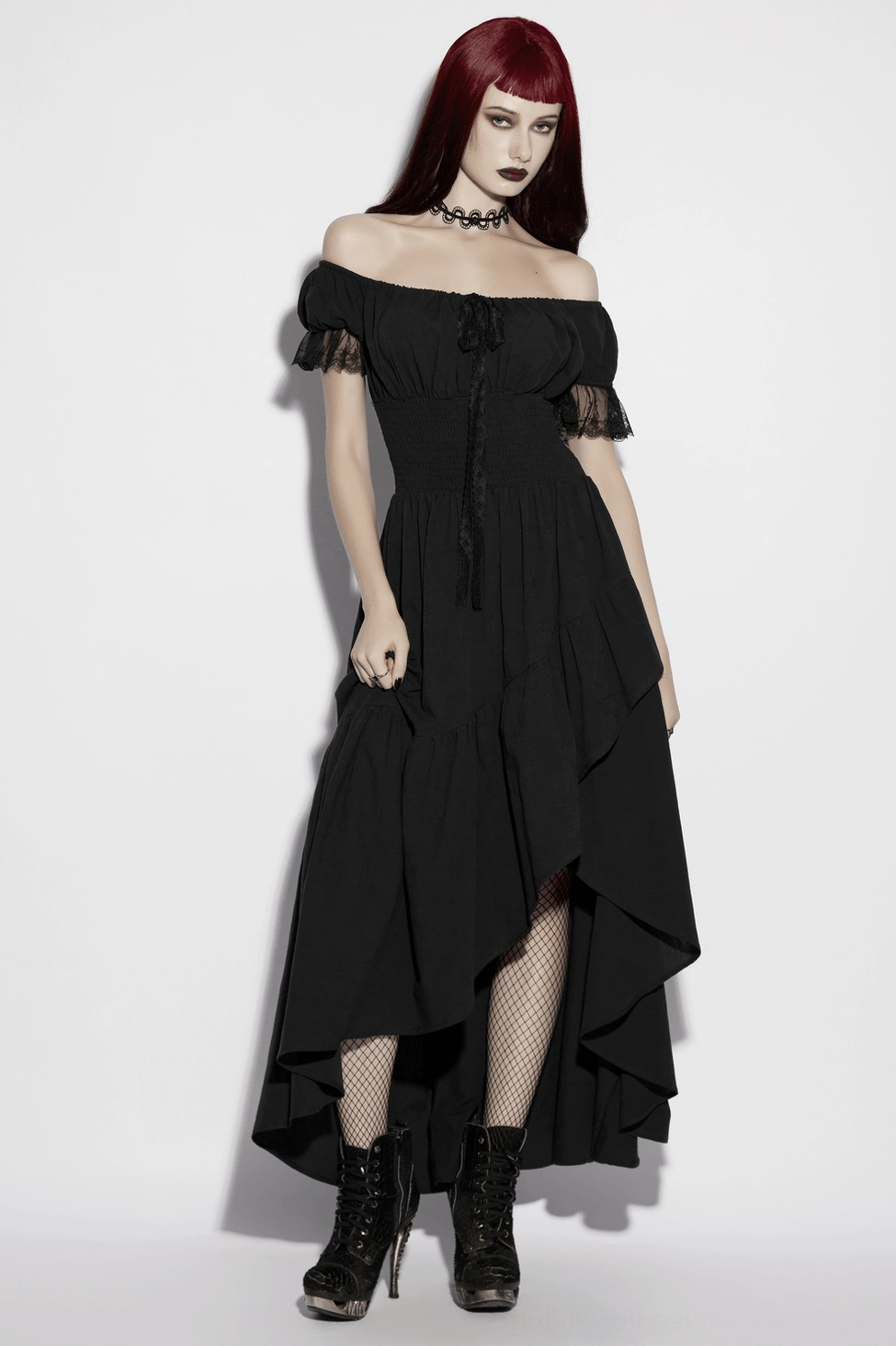Black gothic maxi dress flat lay showing pleated lace neckline and off-shoulder design details