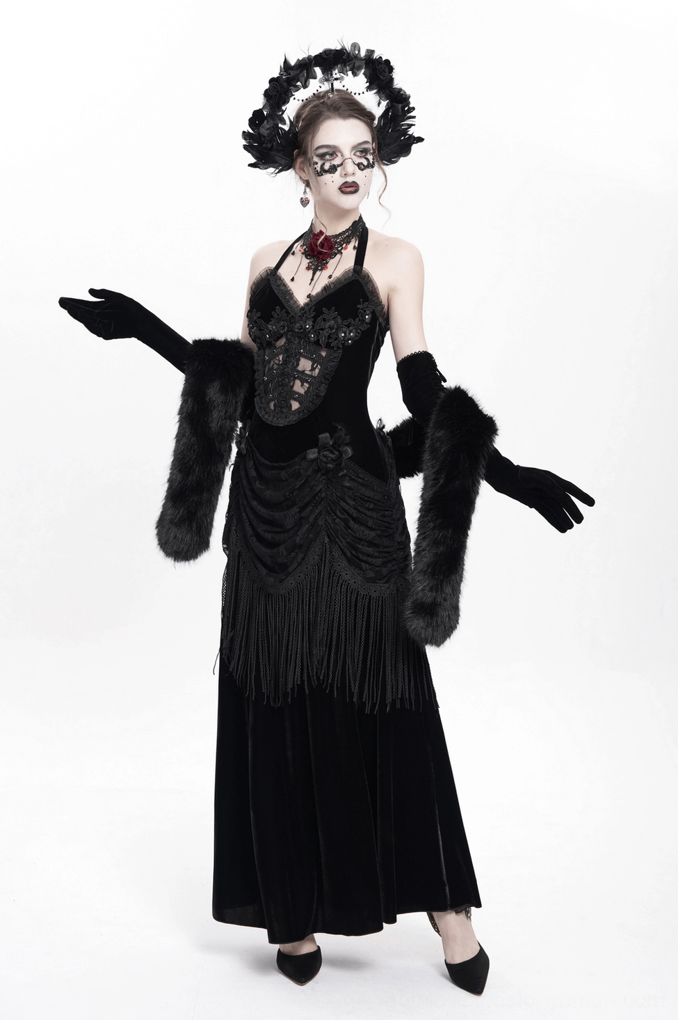 Gothic black velvet dress detail showing premium velvet fabric quality and lace layers