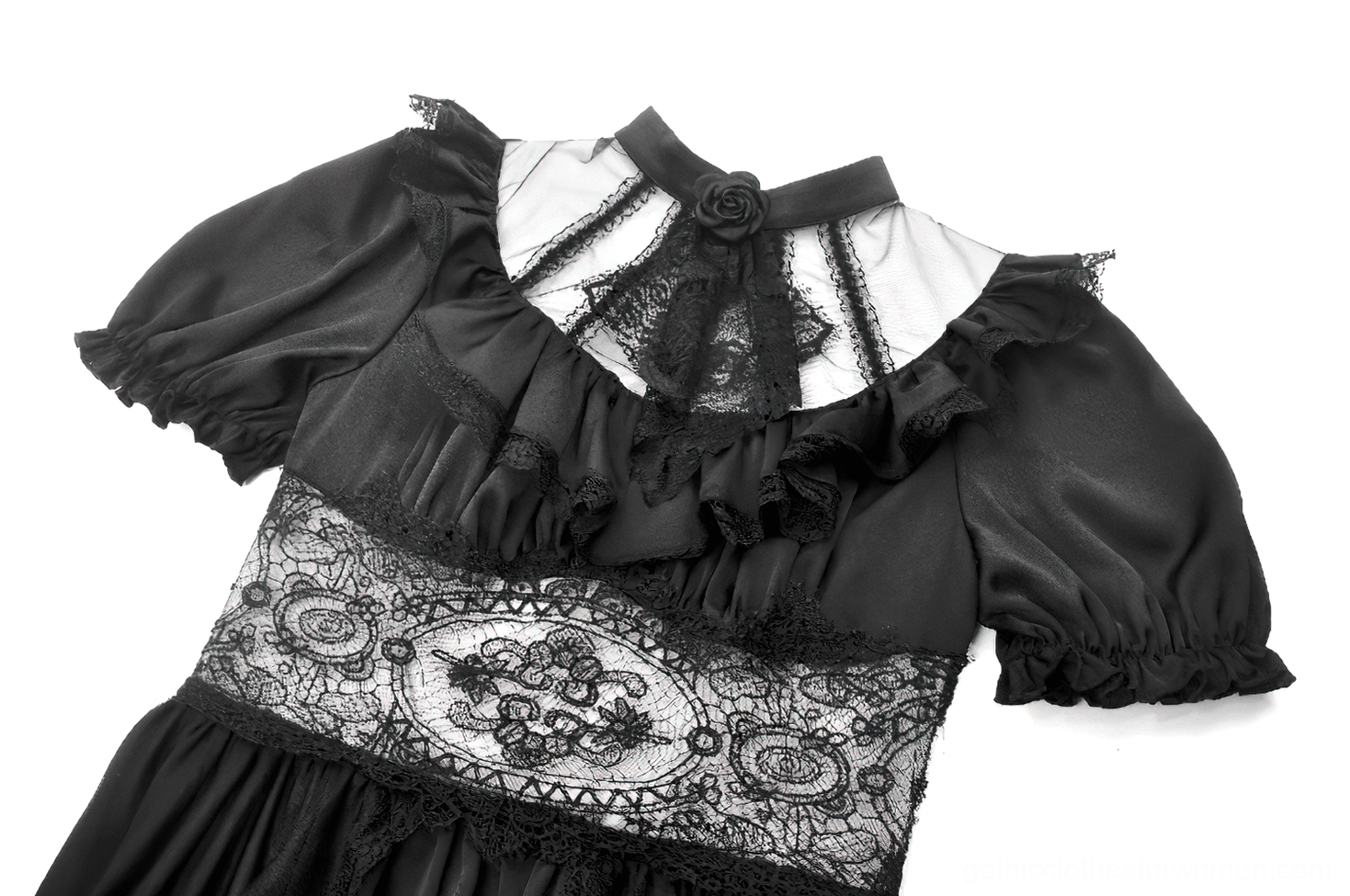 Detailed close-up of gothic dress Peter Pan collar and ruffled puff sleeves