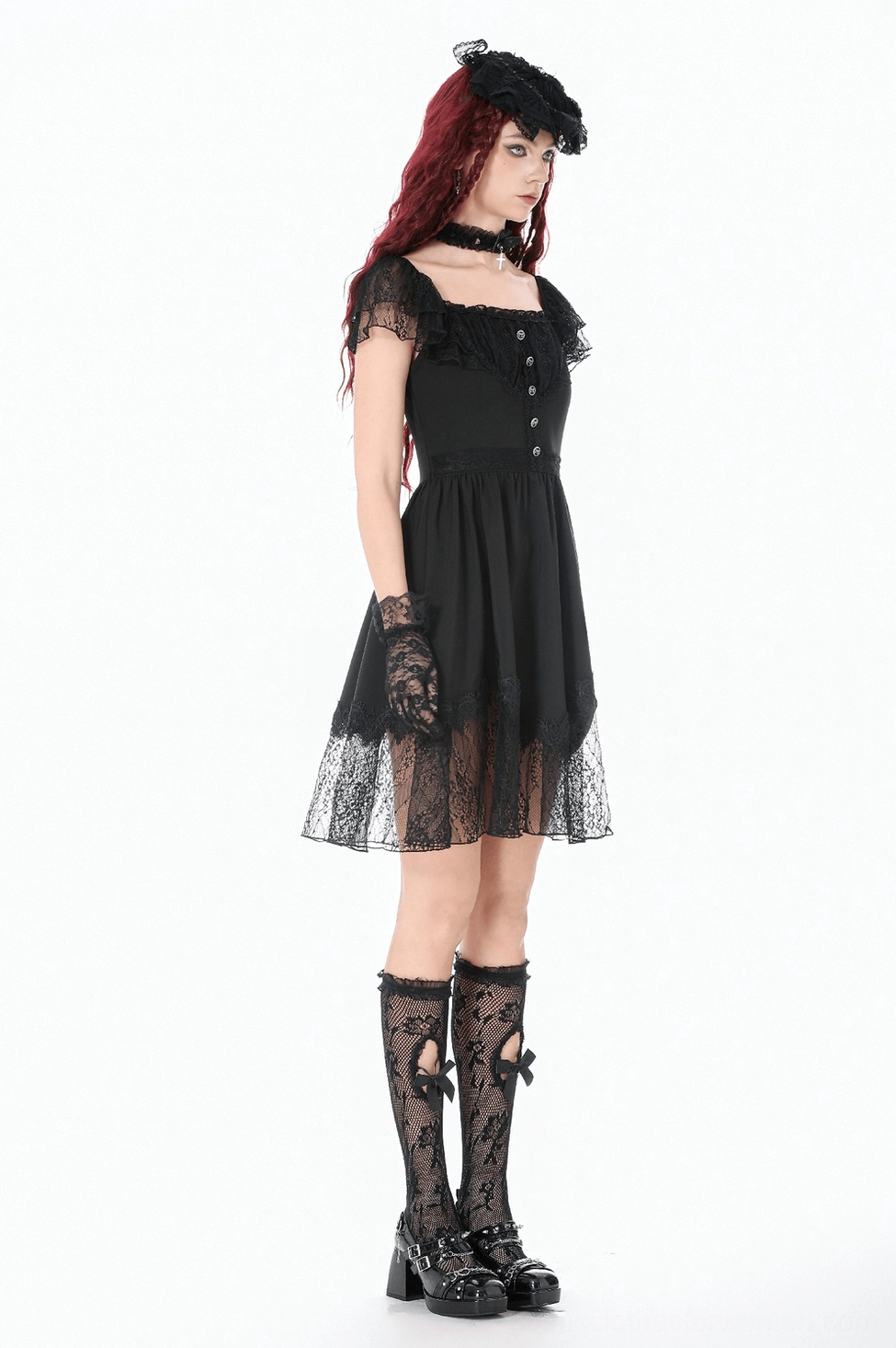 Black victorian gothic dress with puff sleeves flat lay front view showing all lace details and button placket