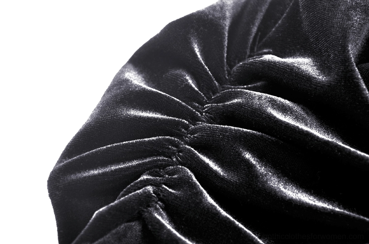 Puff sleeve detail of gothic velvet dress showing ruched gathering and glossy velvet finish