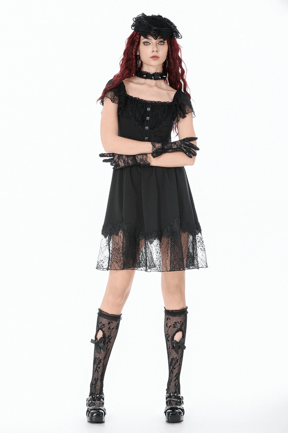Black gothic puff sleeve dress detail showing lace ruffle sleeves and square neckline construction