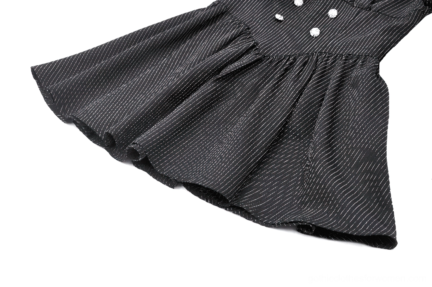 Black pinstripe gothic dress lace cuff detail on long puffed sleeve showing lace trim and fabric construction