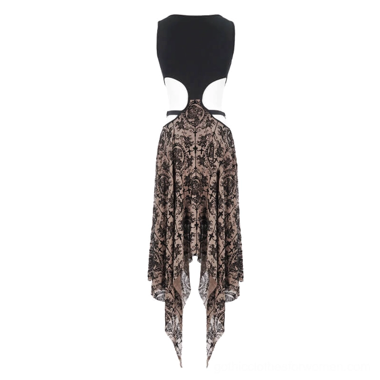 Gothic dress back flat display showing solid black bodice and vintage damask skirt section