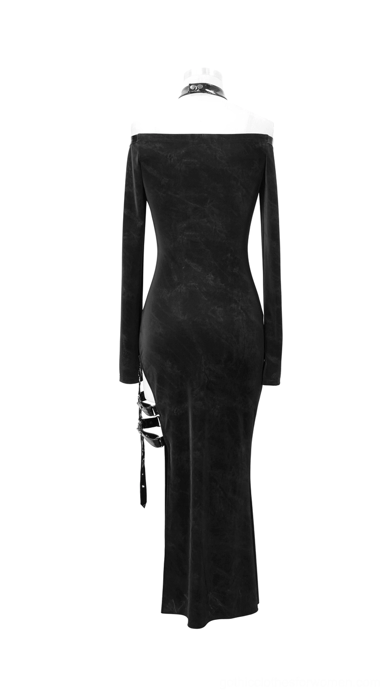 Black gothic dress rear view on mannequin displaying fitted construction, long sleeves, and side slit leather details