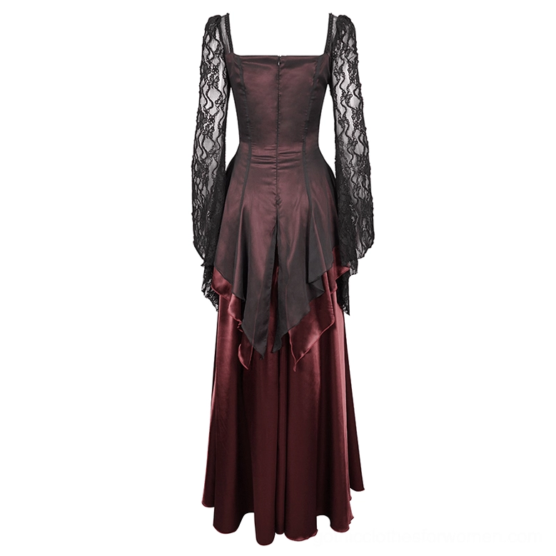 Wine red gothic dress rear flat view on mannequin, fitted bodice with sheer lace sleeves and asymmetric hem