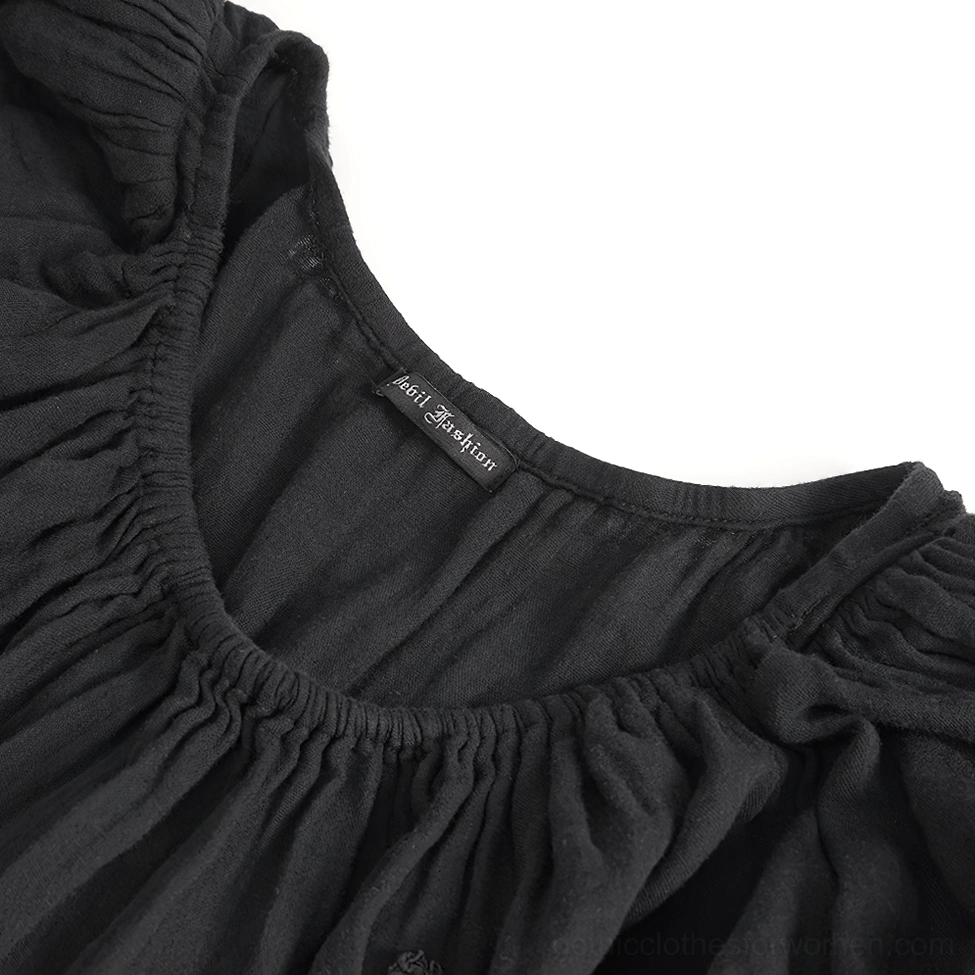 Black gothic dress ruched neckline close-up detail
