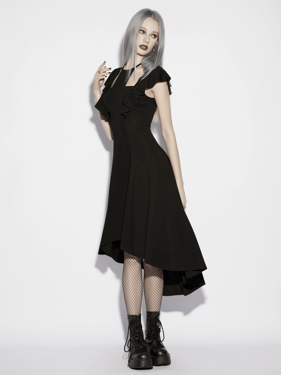 Black gothic ruffle dress layered sleeve construction and hemline asymmetry detail shot