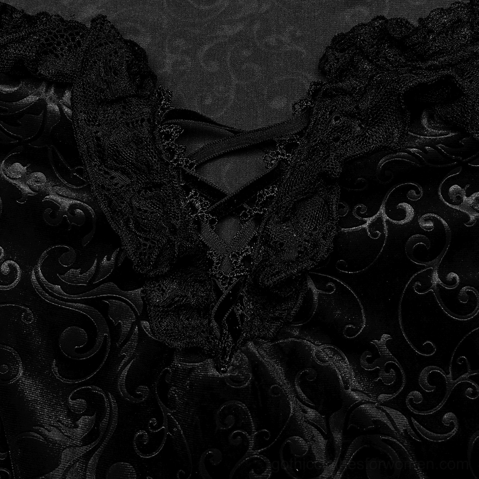 Gothic dress neckline close-up showing ruffled lace trim and front lace-up closure detail against dark background