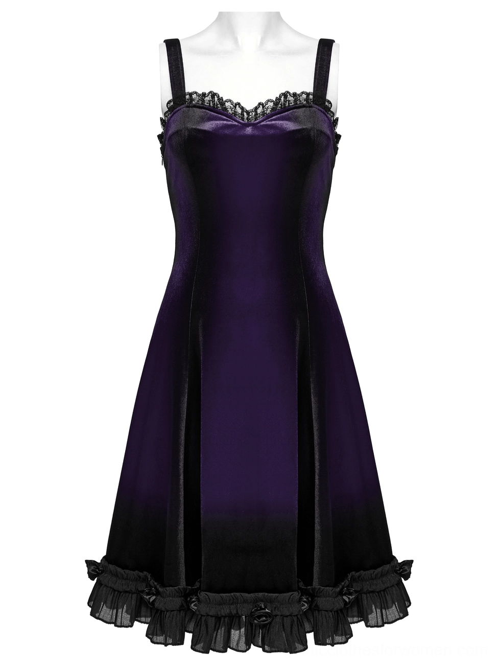 Black ruffled rose-trimmed hem detail on purple ombre velvet gothic slip dress - mannequin display