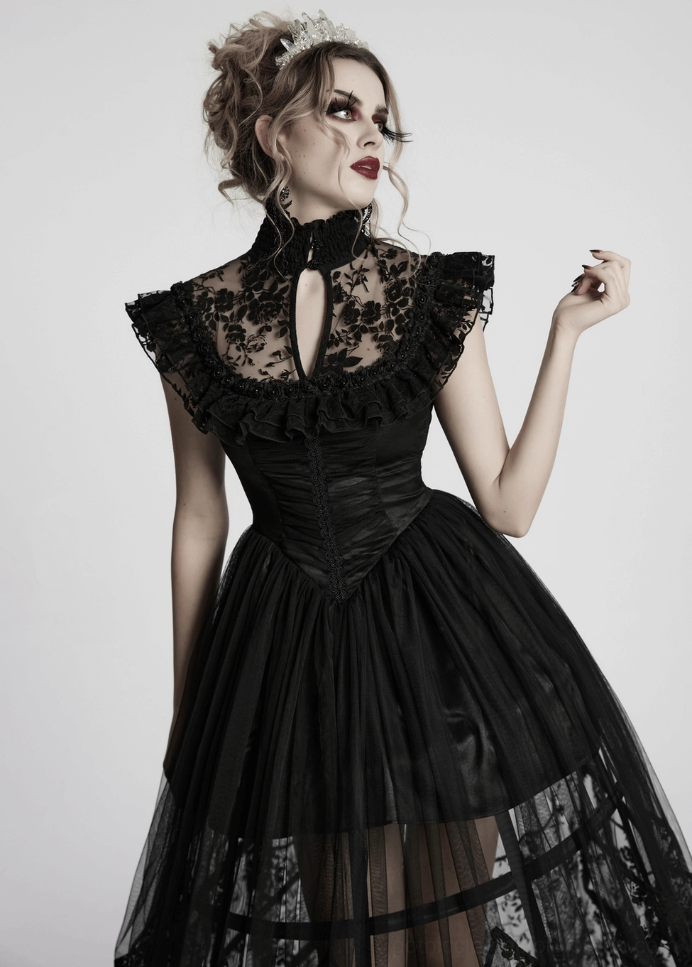 Black gothic dress sleeve detail - ruffled flying sleeves with mesh and lace construction