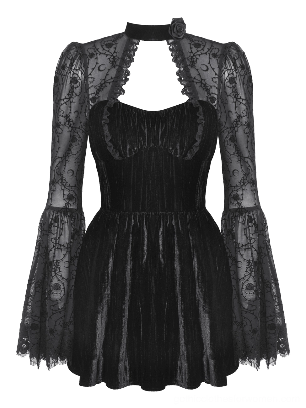 Gothic bell sleeve dress with ornate scrollwork lace and corset bodice - flat lay front view