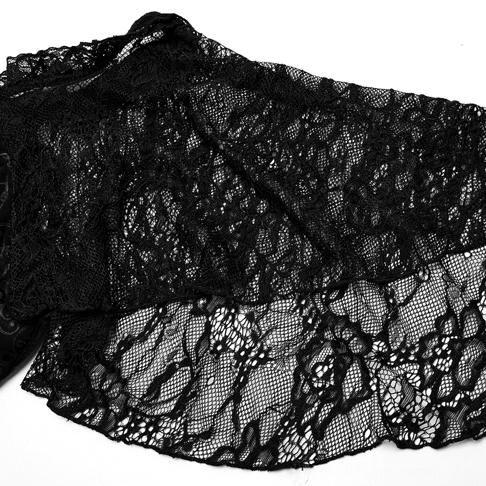 Sheer floral lace sleeve detail of gothic maxi dress showing layered flutter sleeve design and delicate lace pattern