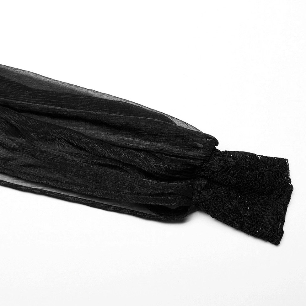 Close-up detail of Victorian gothic dress sheer lantern sleeve with lace cuff and organza fabric