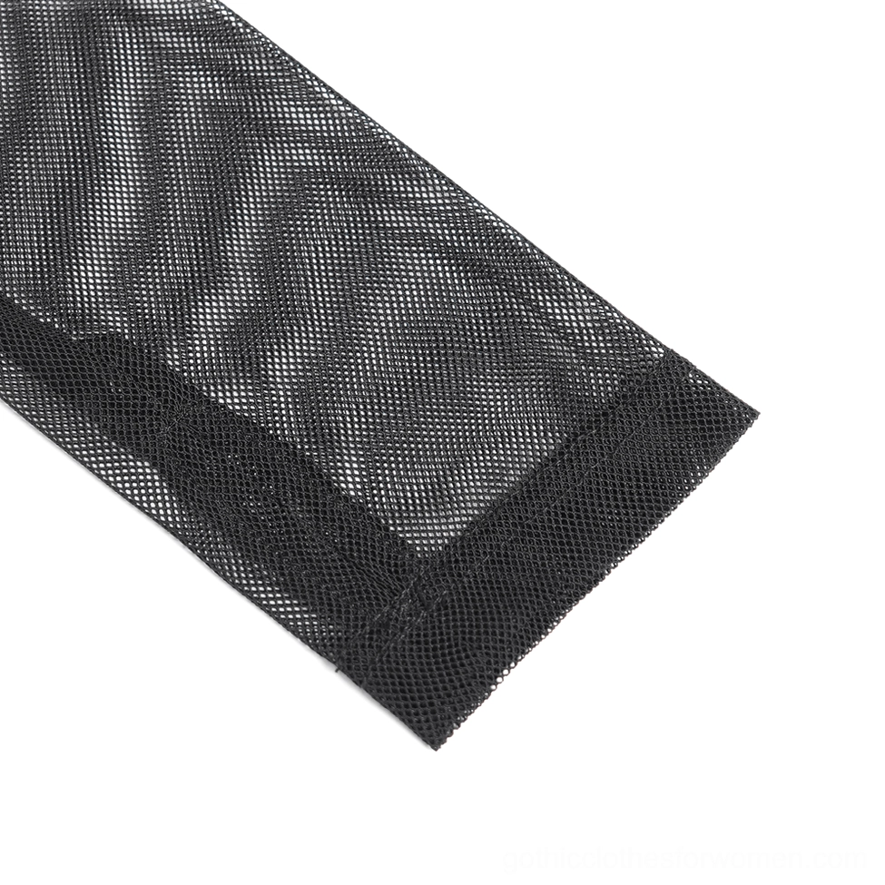Sheer mesh sleeve detail on black gothic asymmetrical dress showing texture and layering