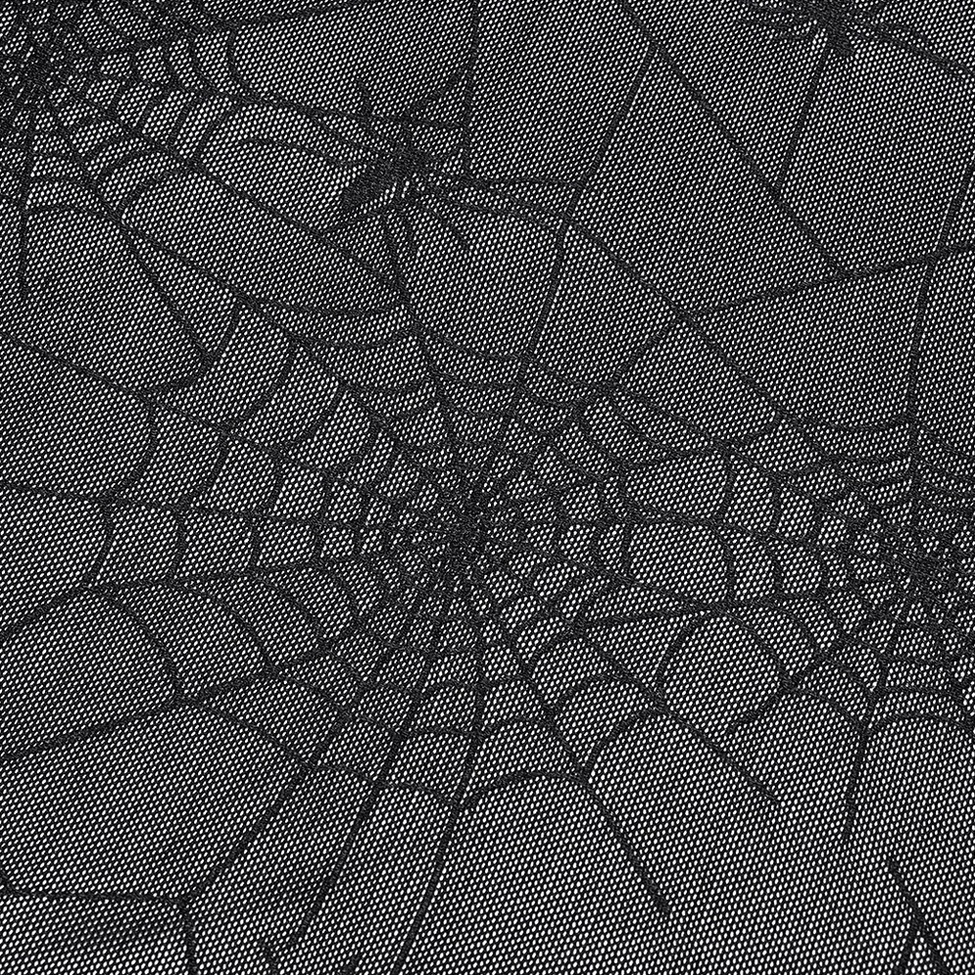 Close-up detail of black sheer mesh fabric with delicate spiderweb embroidery and webbing pattern