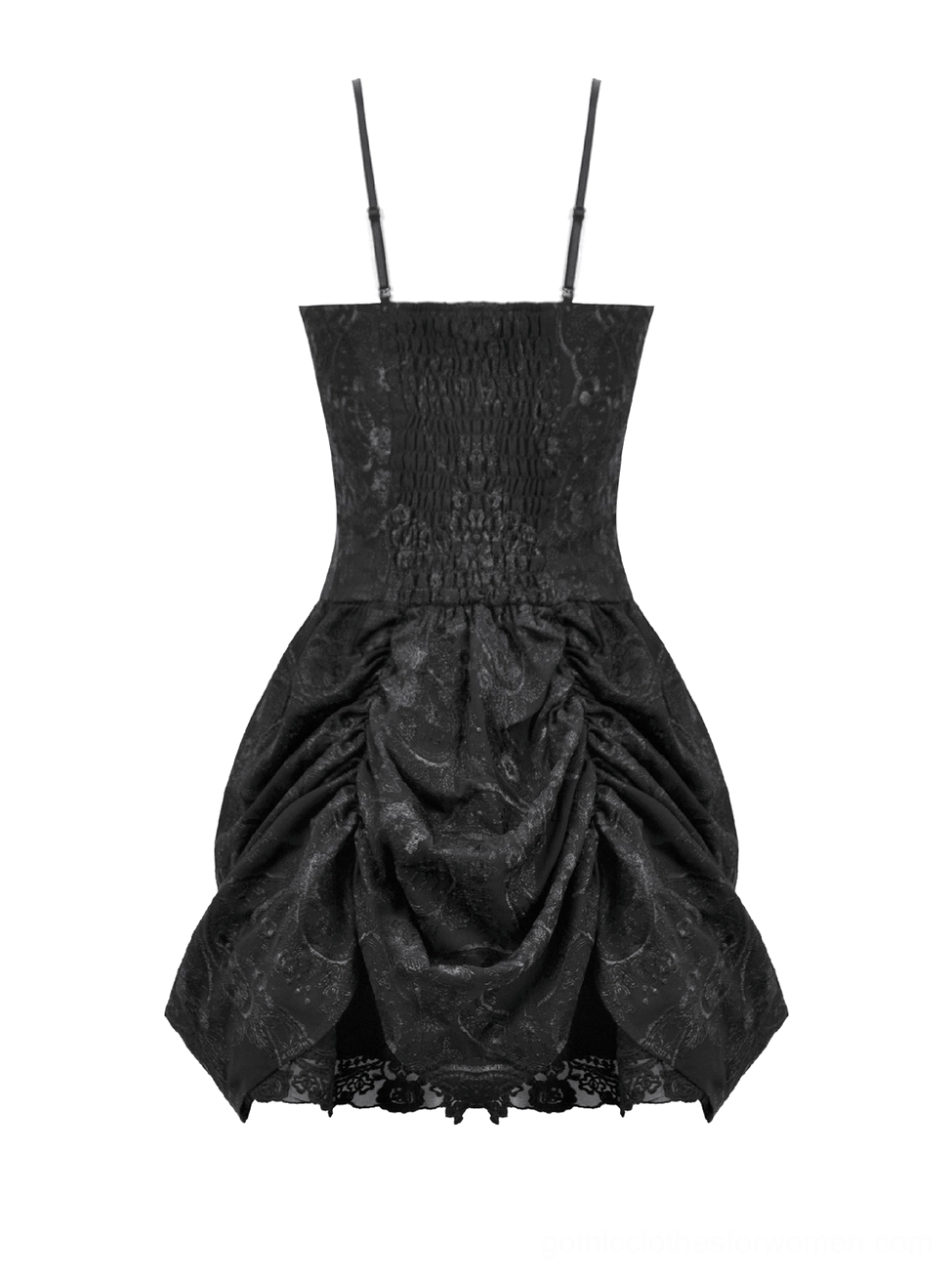 Black gothic dress with shirred corset-style bodice and lace hem, flat lay front view