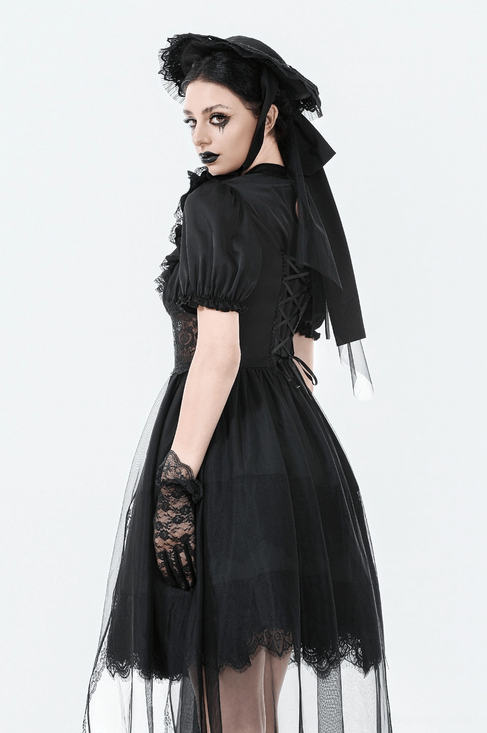 Black gothic puff sleeve dress shoulder and sleeve ruffle construction