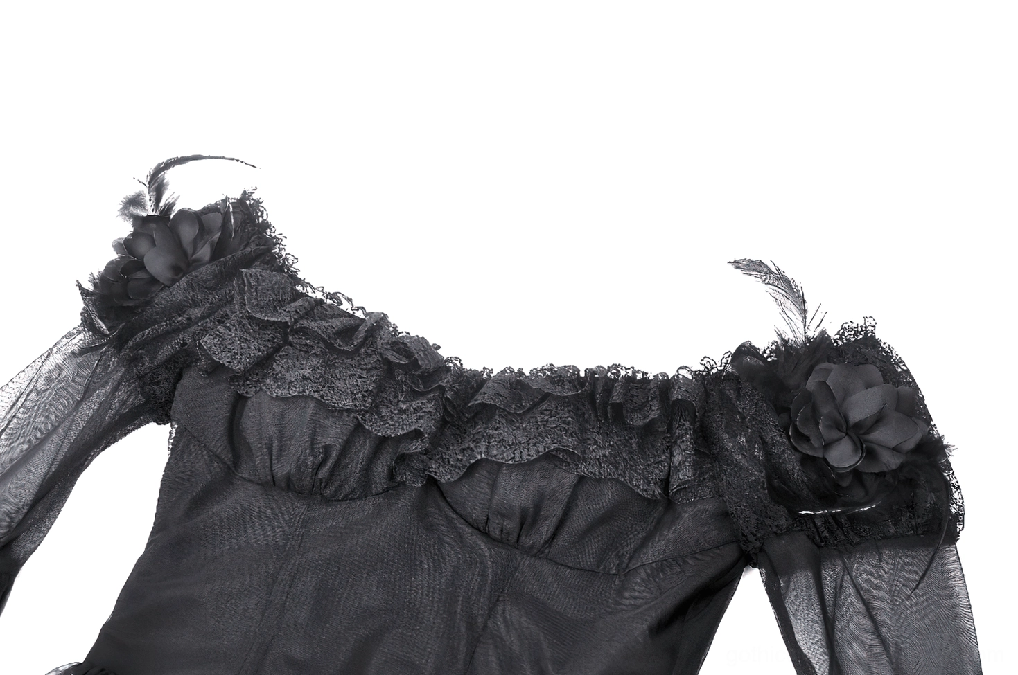 Close-up detail of gothic dress neckline and shoulder featuring ruffled lace trim, feather accent, and fabric flower embellishment