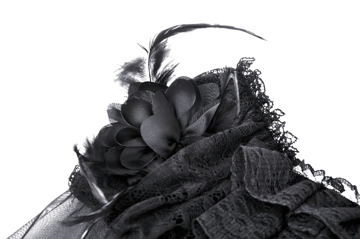 Gothic dress shoulder decoration close-up showing satin fabric flower, feather accent, and frayed lace edge embellishment