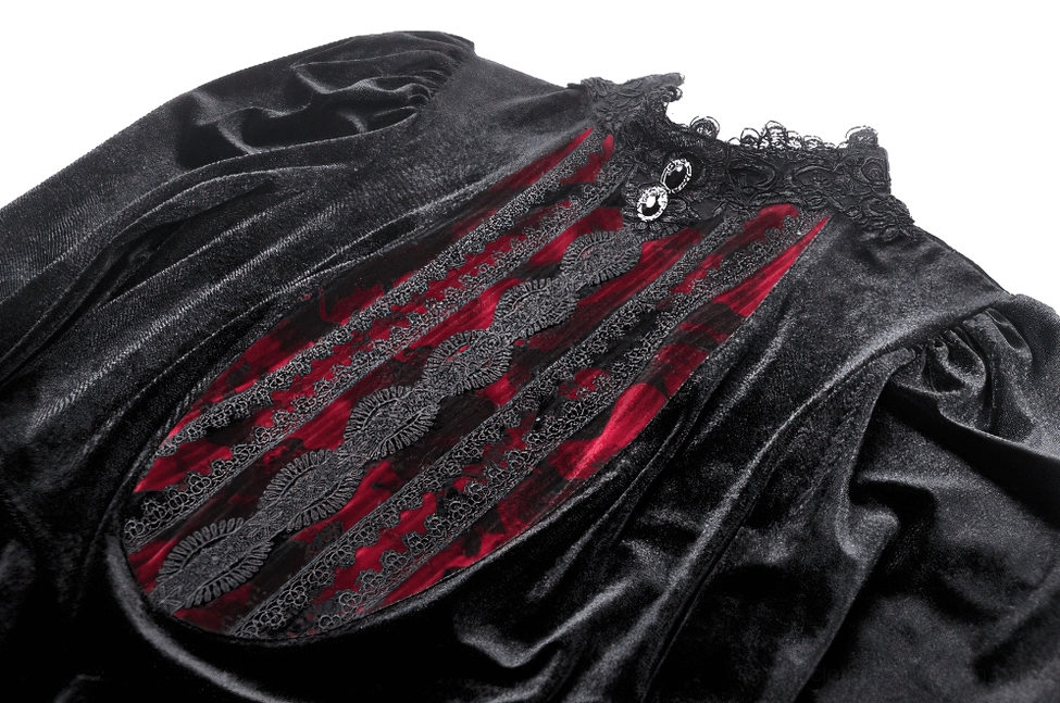 Gothic velvet dress shoulder neckline close-up showing lace trim and embellishment