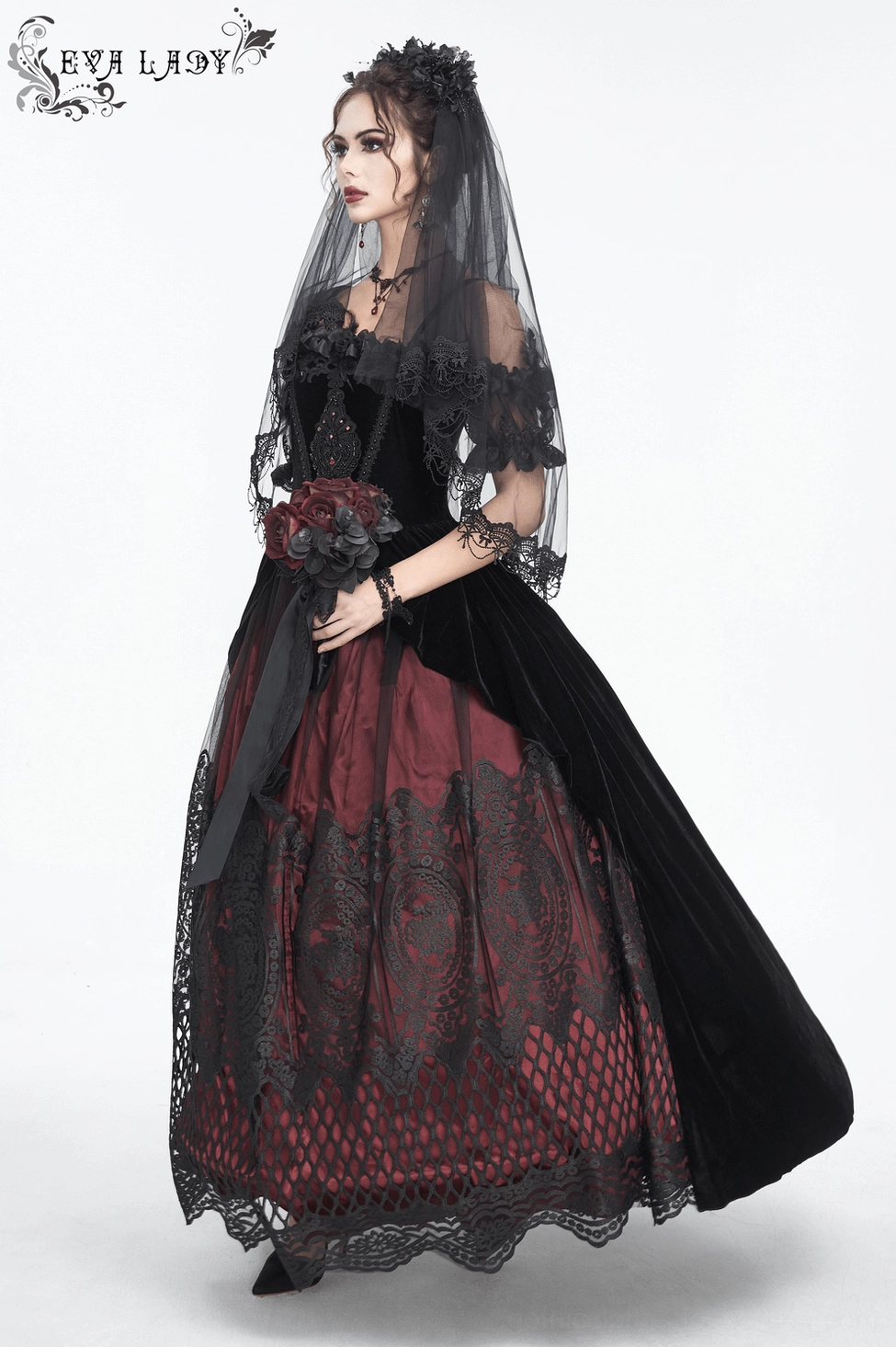 Black and wine red gothic dress neckline and shoulder detail showcasing feather trim and lace applique design