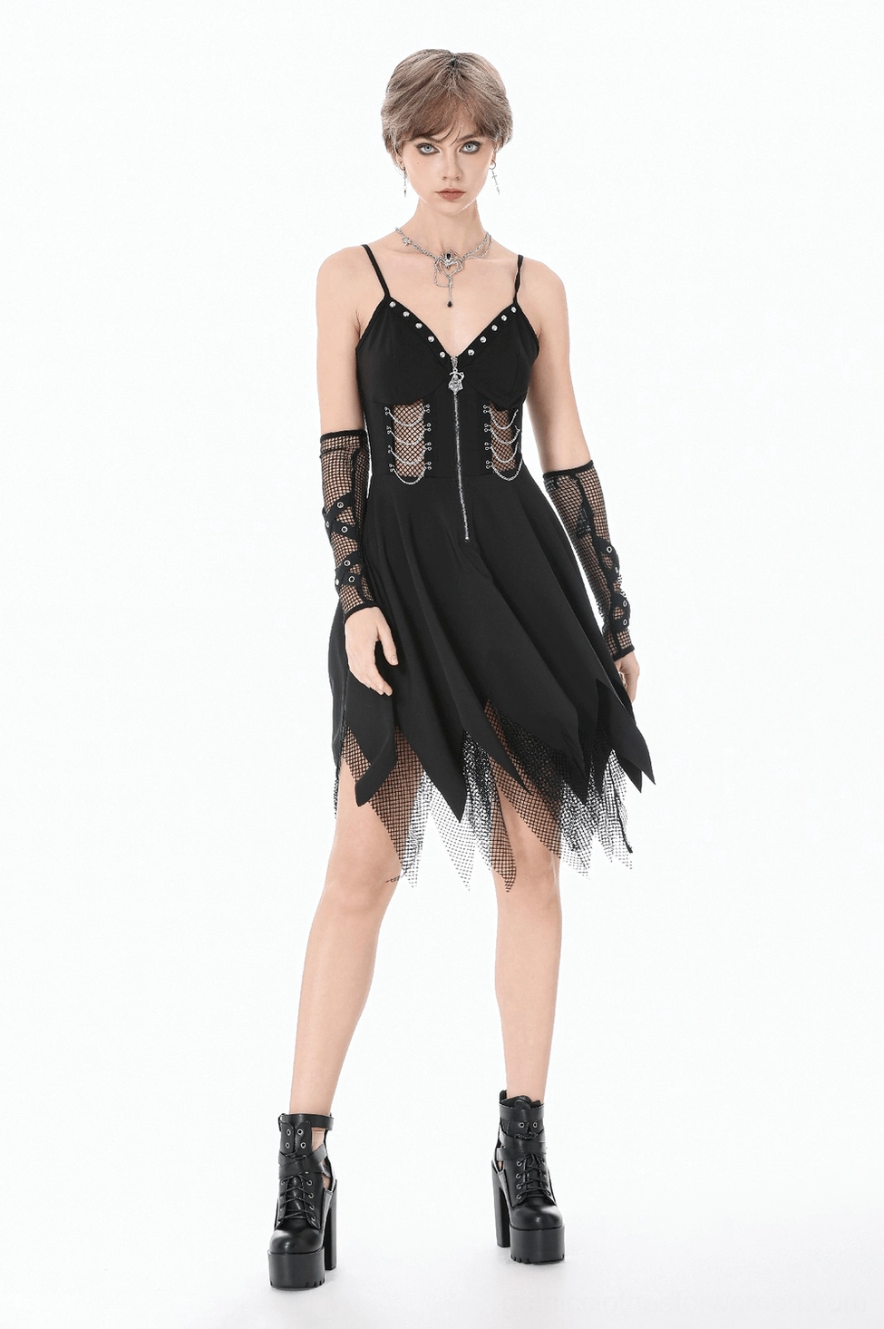 Black gothic dress showing complete side and front view of zipper closure, fishnet details, and layered jagged hem on studio background