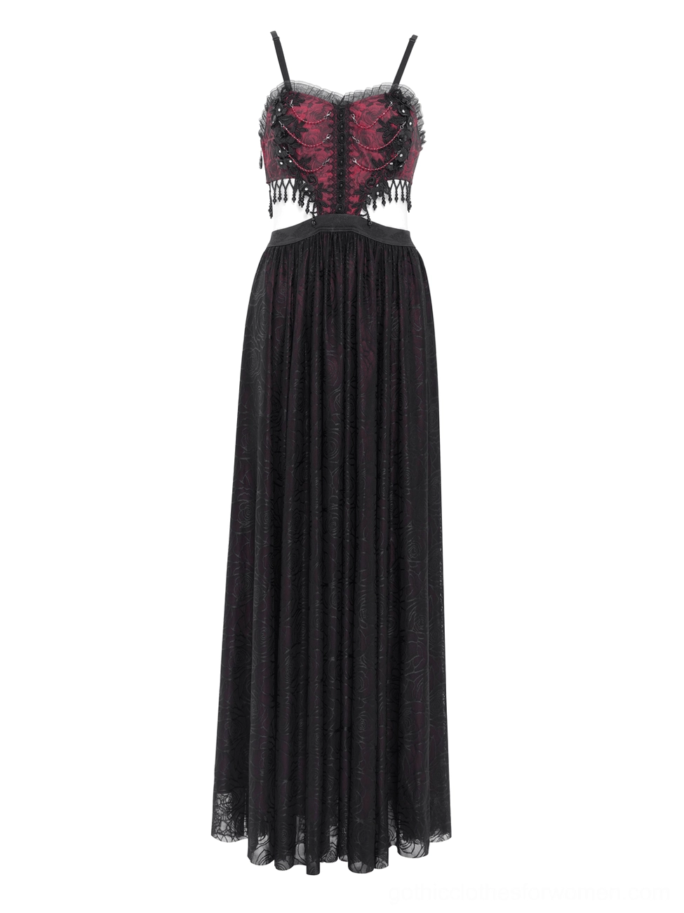 Close-up side shot of gothic formal outfit featuring rose choker and burgundy floral dress details