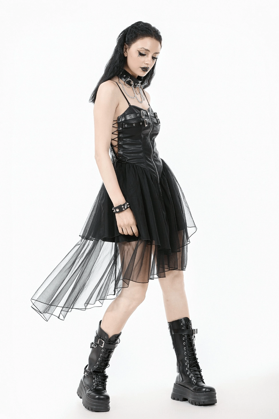 Black gothic corset dress side panel view showing lace-up details and mesh skirt flow