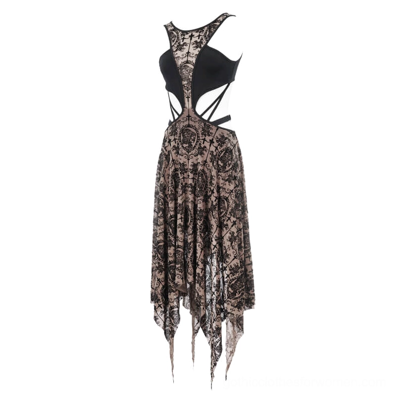 Asymmetrical gothic vintage dress left side profile showing irregular hemline and cutout details