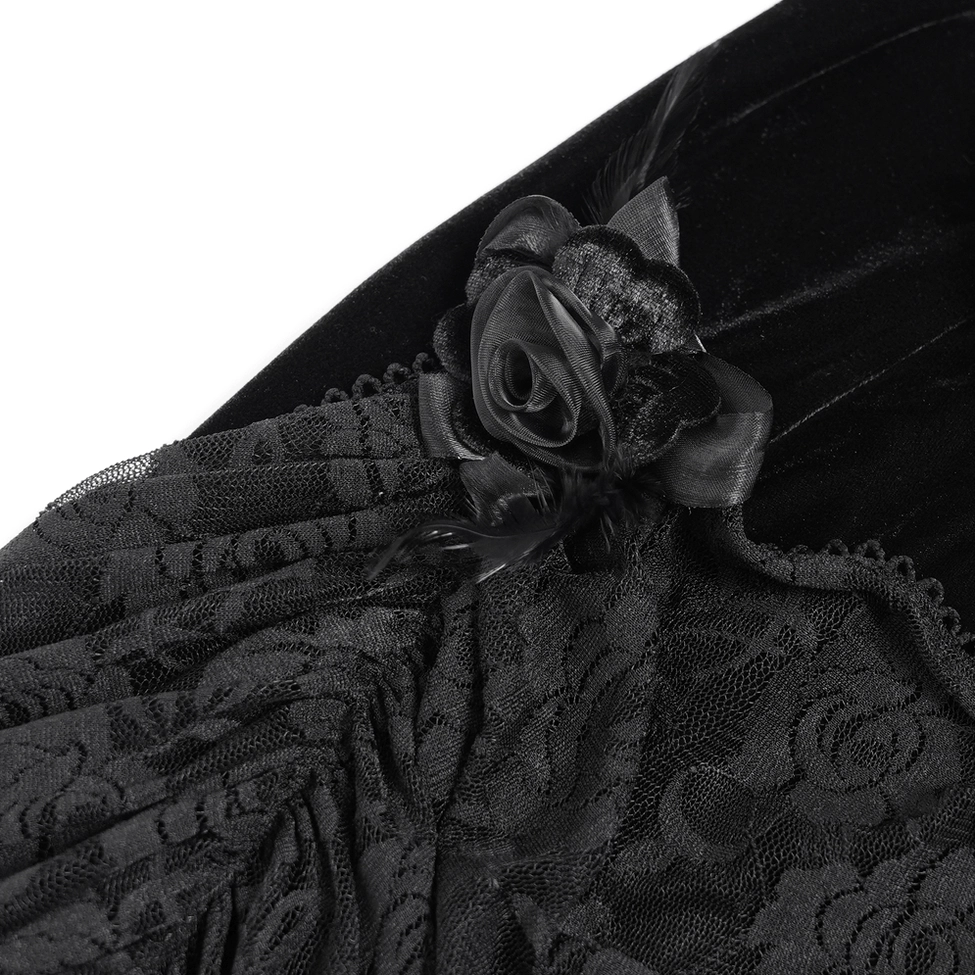 Black velvet gothic halter dress side view showing open back design and silhouette