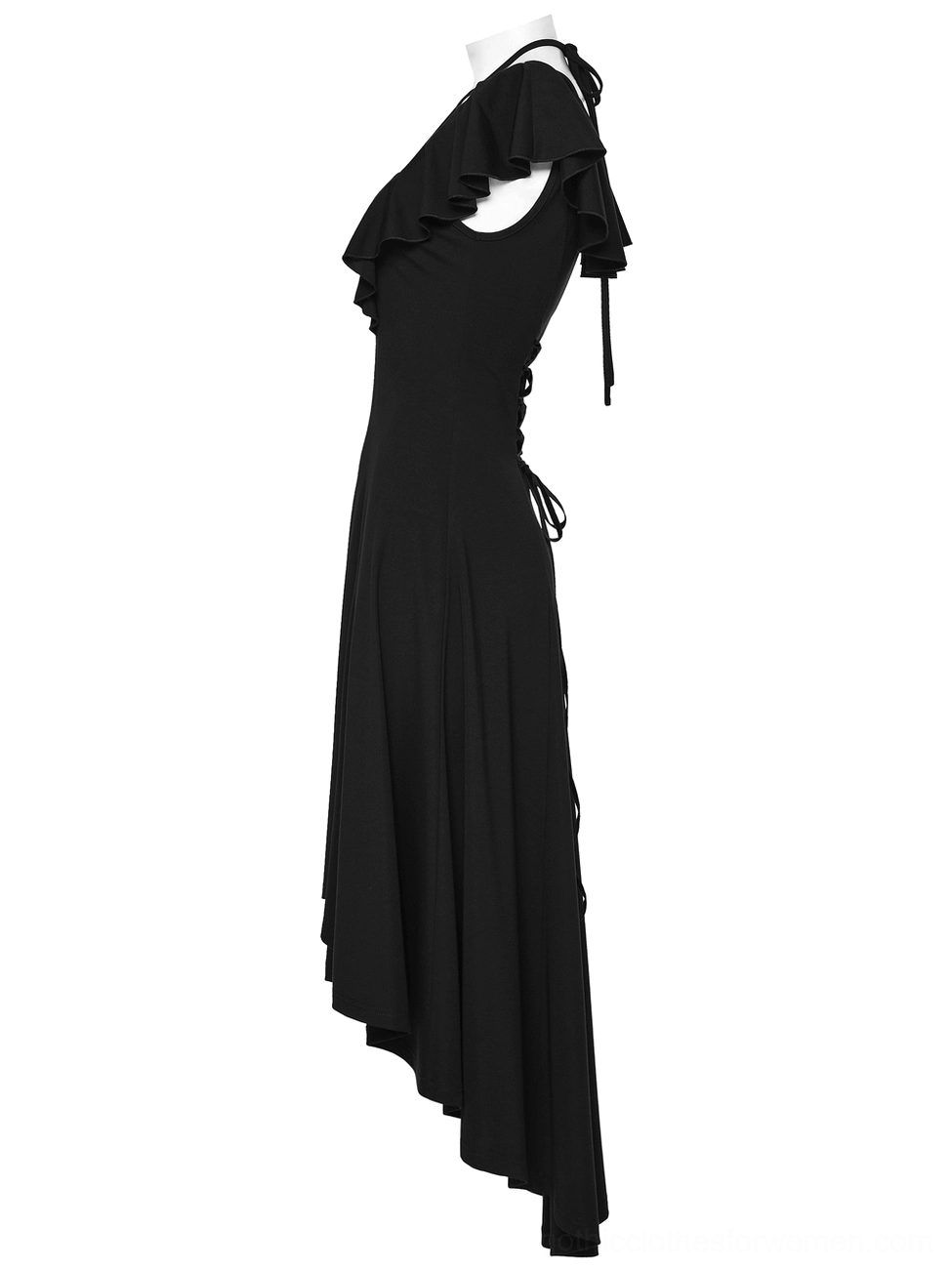 Gothic lace-up dress side profile showing asymmetrical high-low hemline and waist shaping