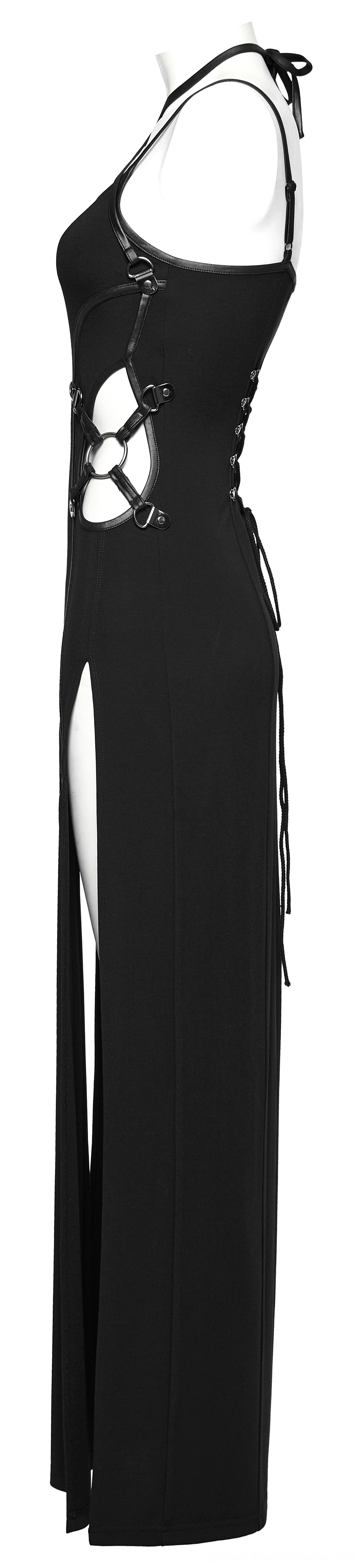 Black gothic maxi dress side profile showing architectural silhouette, back lace-up corset design, and adjustable drawstring