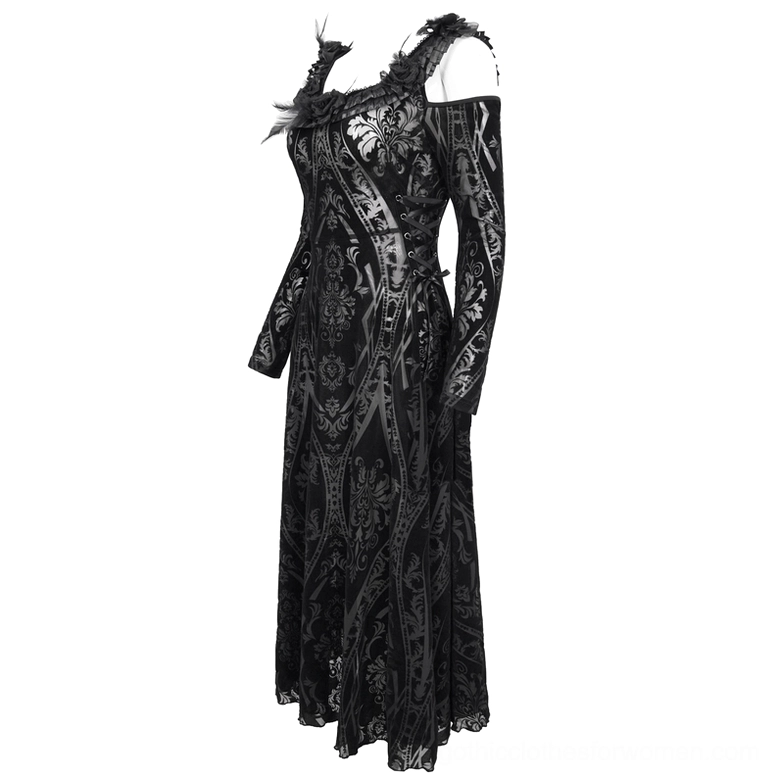 Gothic cold-shoulder dress three-quarter side view showing damask pattern and extended full-length sleeves with feather trim