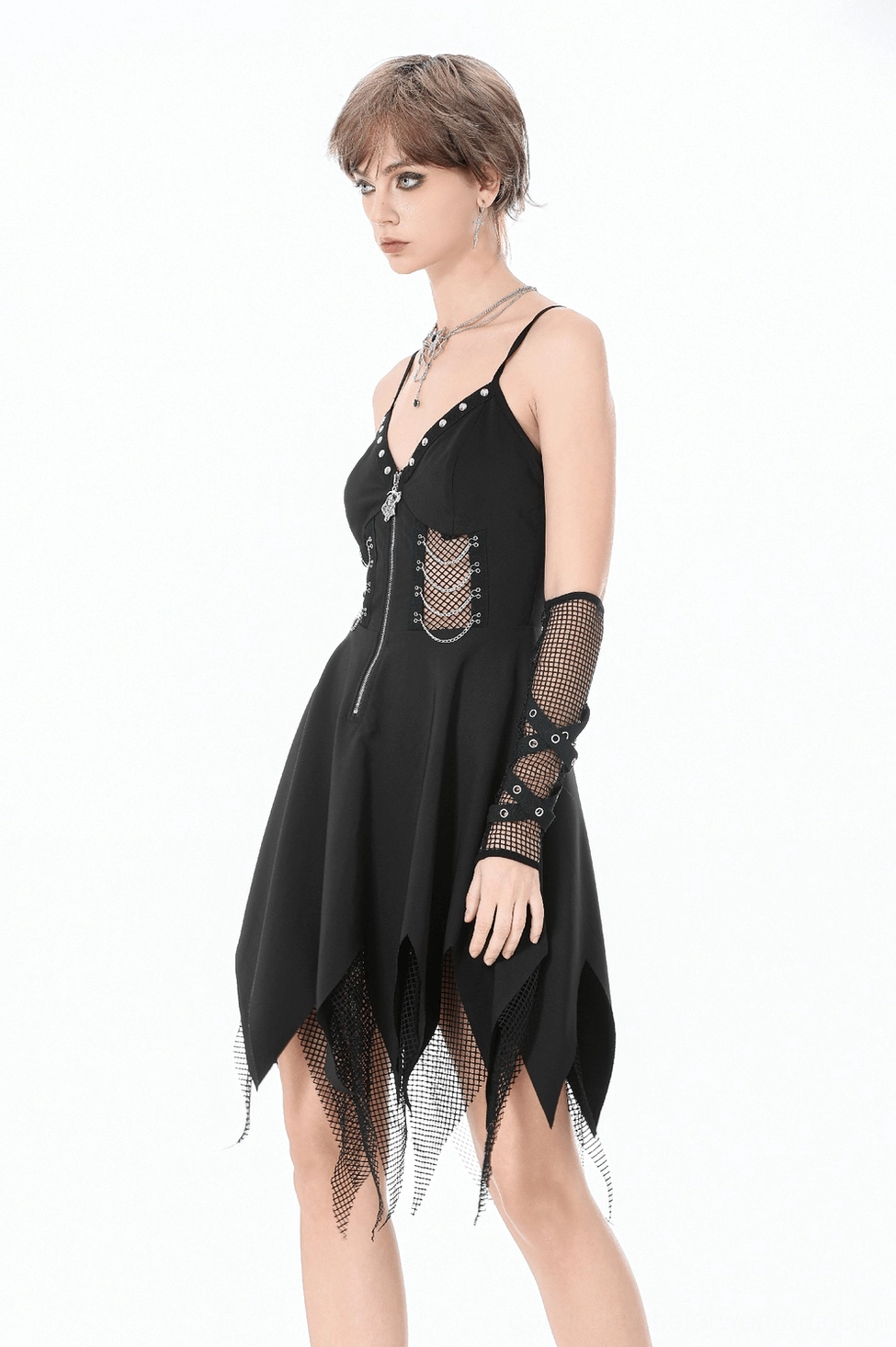Black gothic zip dress side profile showing fishnet lace-up panel, spaghetti strap, and jagged mesh hem construction
