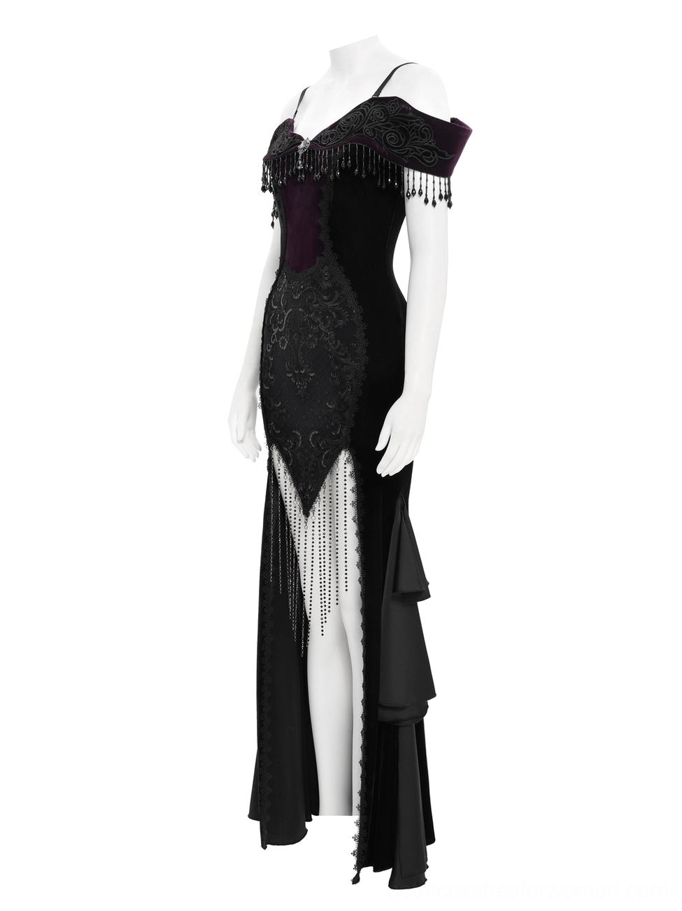 Gothic off-shoulder dress side view on dress form showing fitted silhouette and spaghetti strap