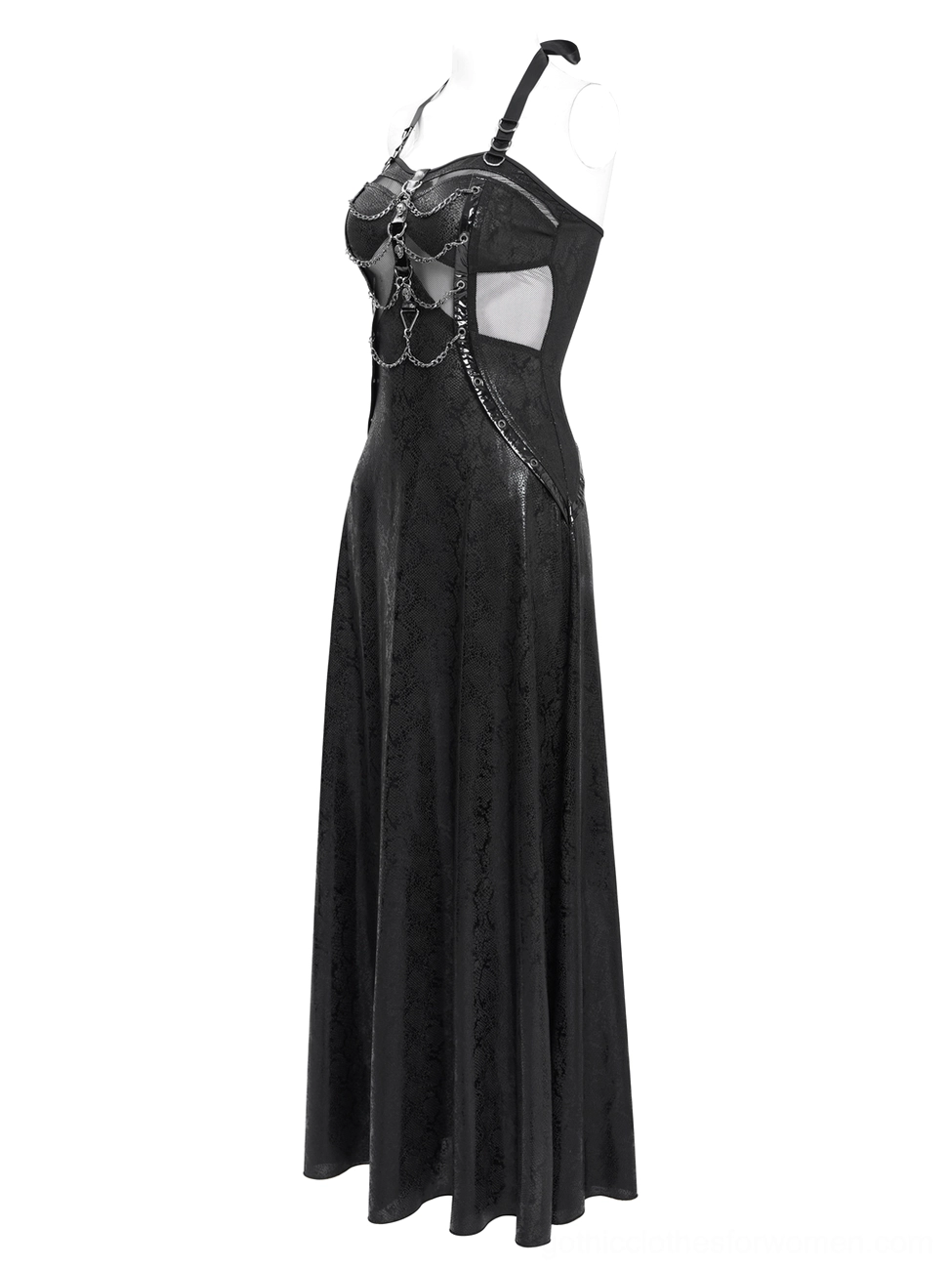 Side view of black gothic maxi dress with mesh cutouts and chain accents, flat lay product photography