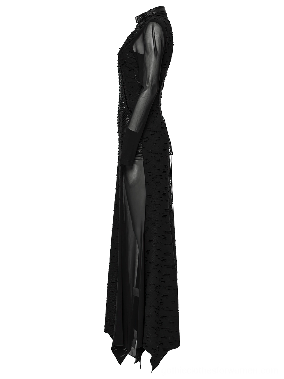 Black tattered mesh gothic dress side profile view on mannequin showing dramatic side split, sheer mesh panel layering, and distressed uneven hem structure