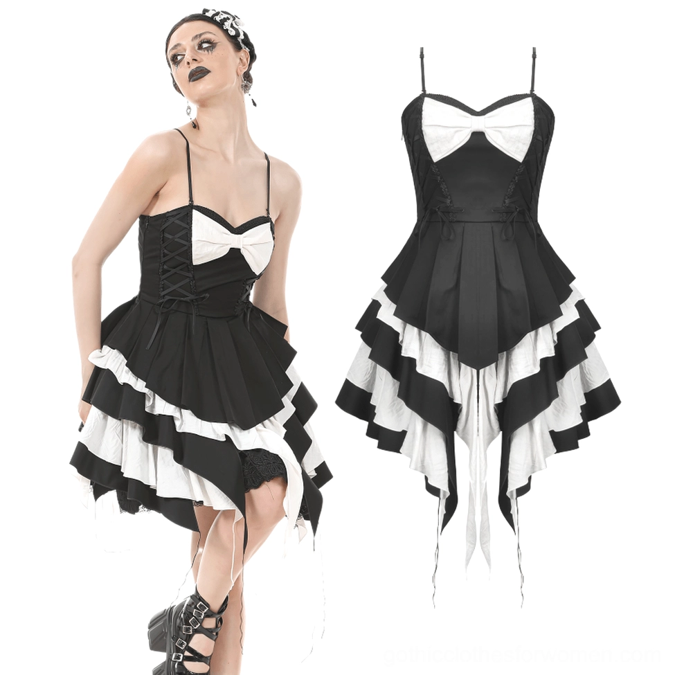 Black and white gothic dress side view and flat lay showing tiered ruffles and spaghetti straps