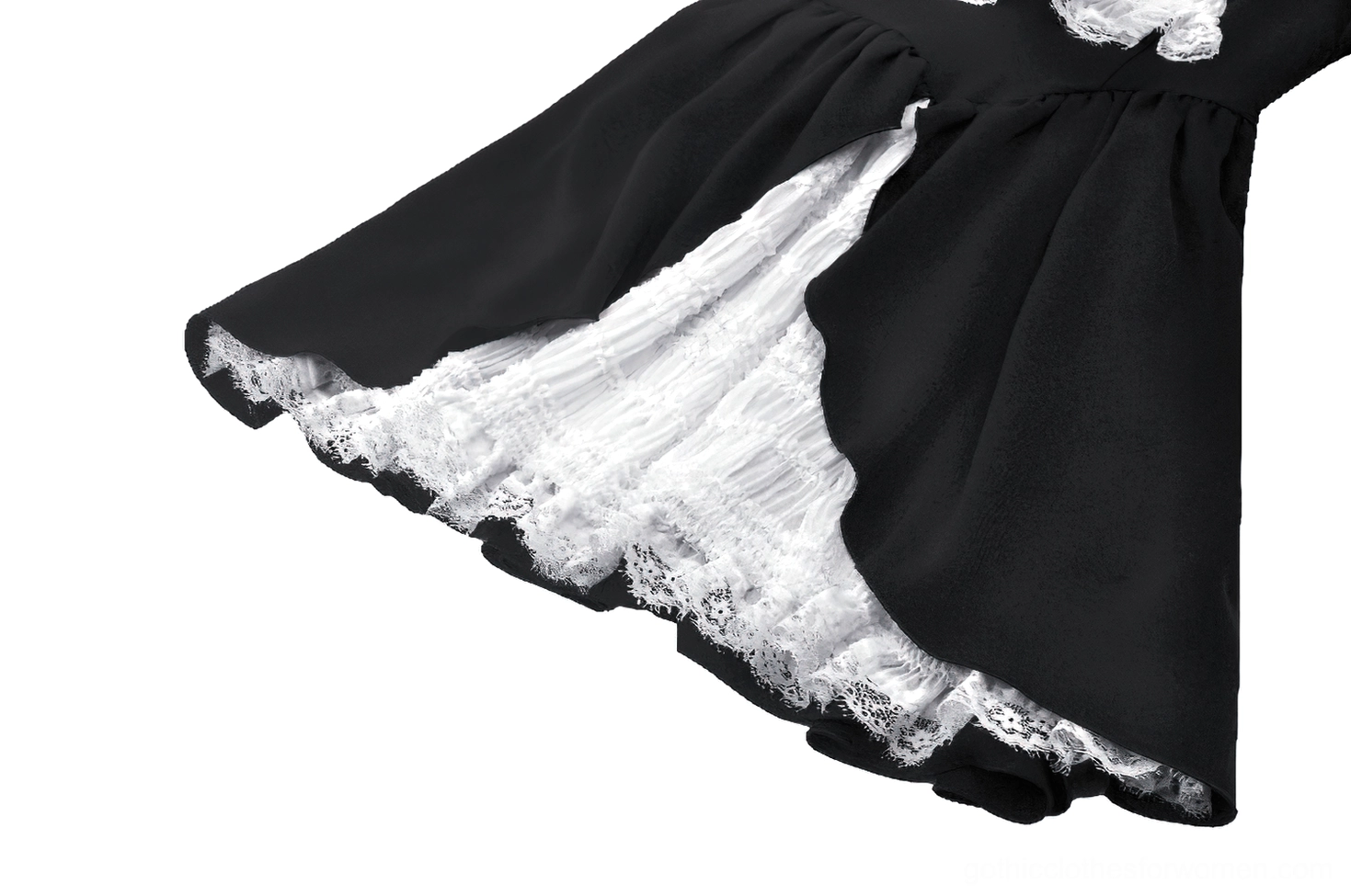 Skirt hem detail of gothic lolita dress - layered lace construction, ruffled black outer layer, and intricate lace trim
