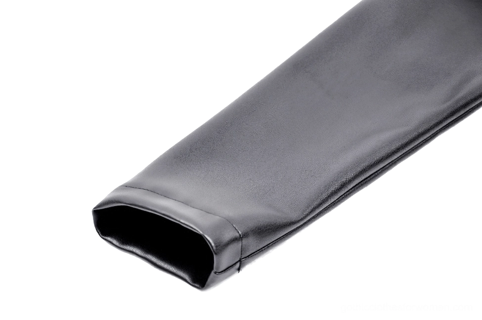 Close-up of black faux leather gothic dress fitted sleeve cuff showing glossy material texture