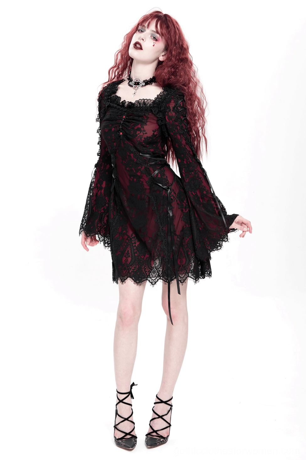 Alternative gothic lace mini dress front view highlighting square neckline framing and upper bodice construction