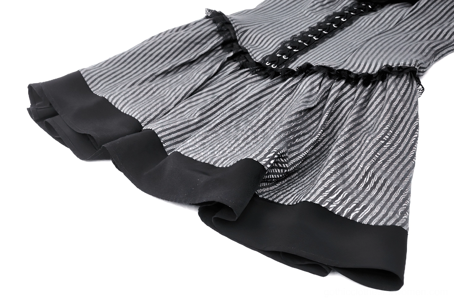 Black gray striped gothic ruffle dress alternative fashion style detail - architectural fabric composition and construction quality