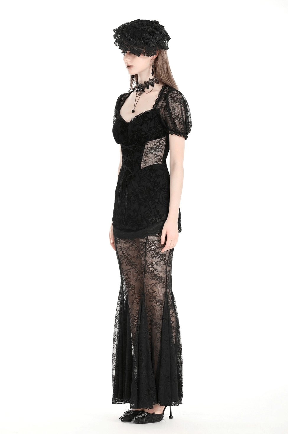 Gothic lace mermaid dress styling guide showing recommended accessories and alternative fashion pairing suggestions