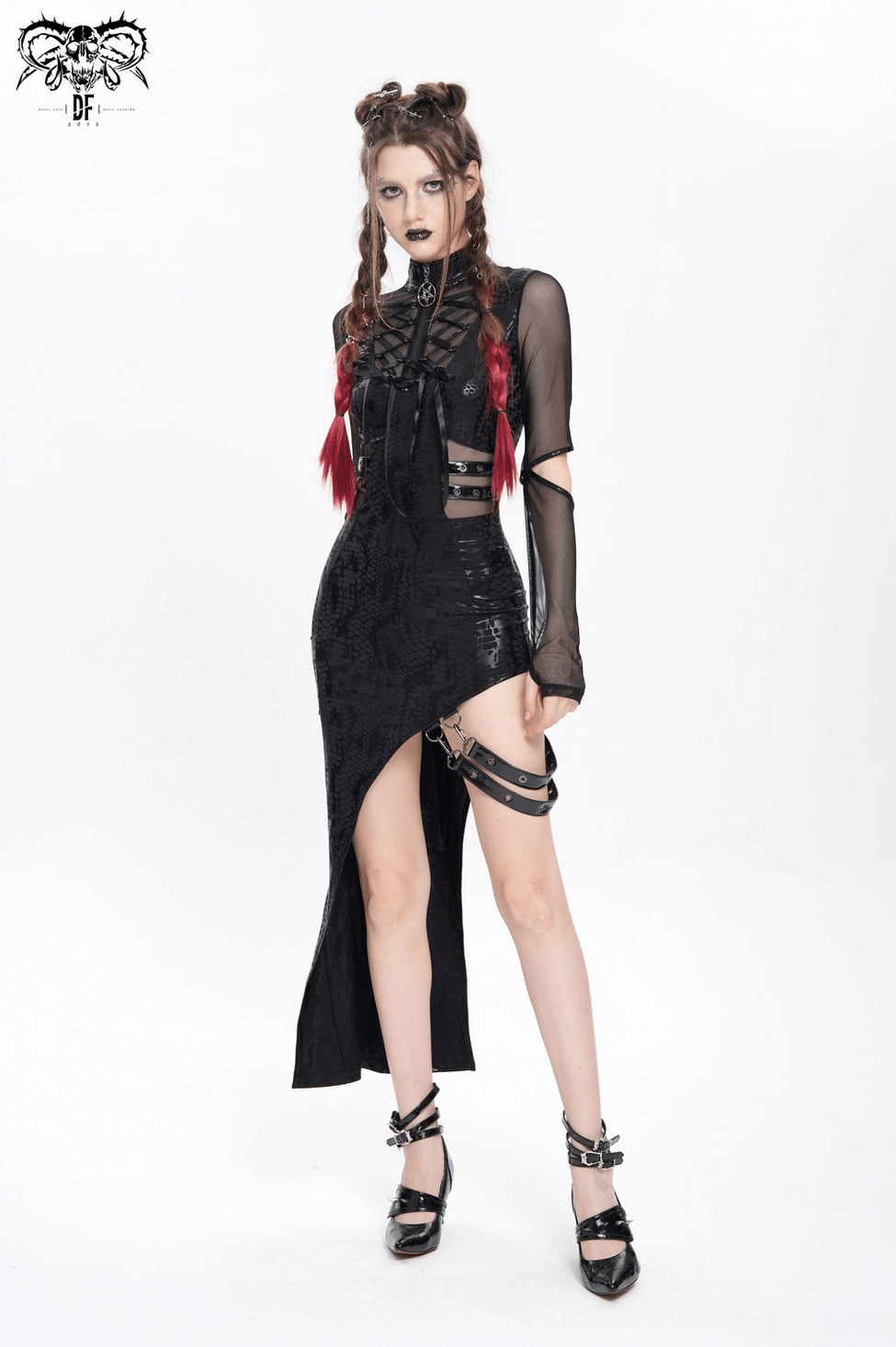 Black gothic asymmetrical dress alternative styling inspiration with accessories and layering suggestions