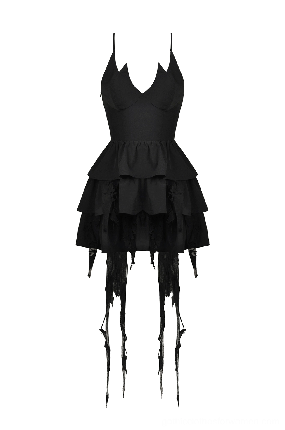 Black gothic slip dress front flat product shot showing sweetheart spaghetti strap neckline and plunging V-neckline