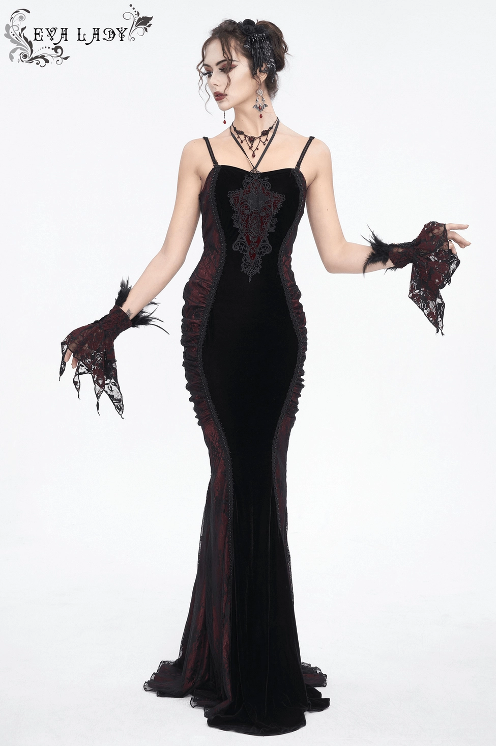 Black burgundy velvet gothic dress showcasing sweetheart neckline and delicate strap design